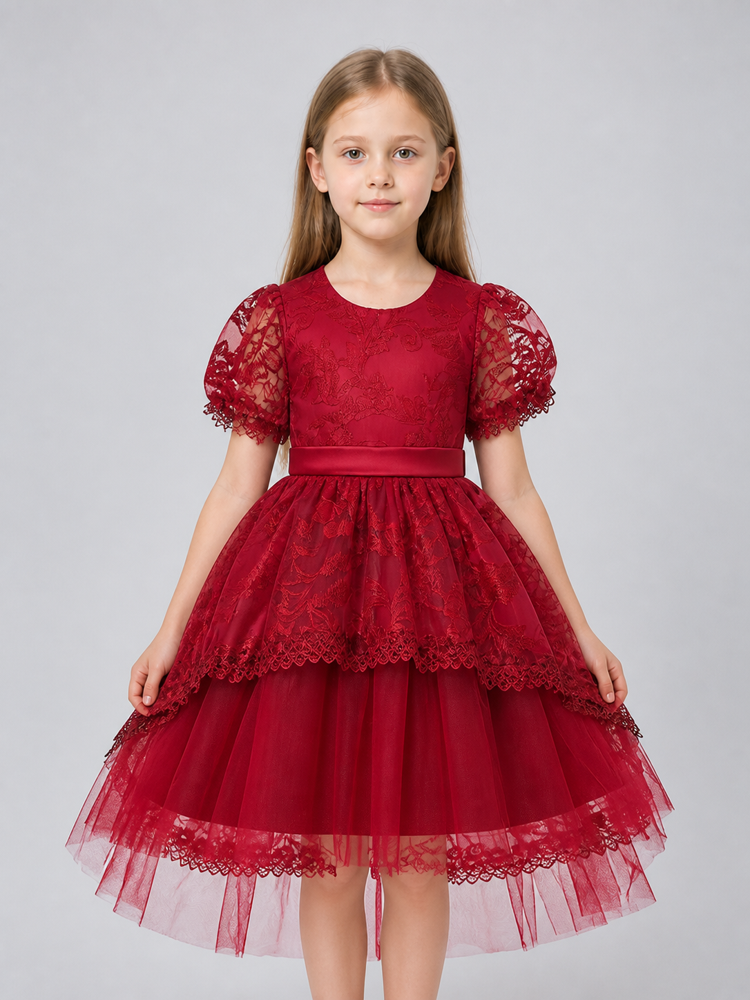 Burgundy Princess Dress for Girls with Lace and Bow