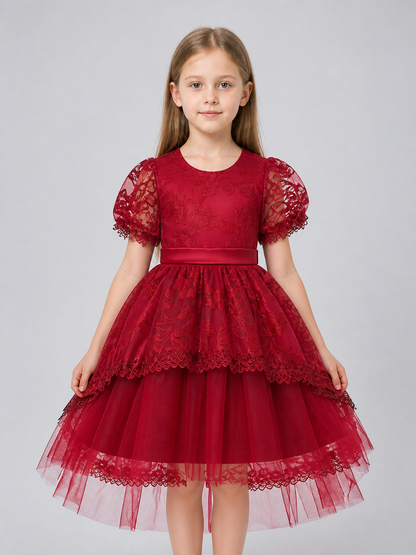 Burgundy Princess Dress for Girls with Lace and Bow