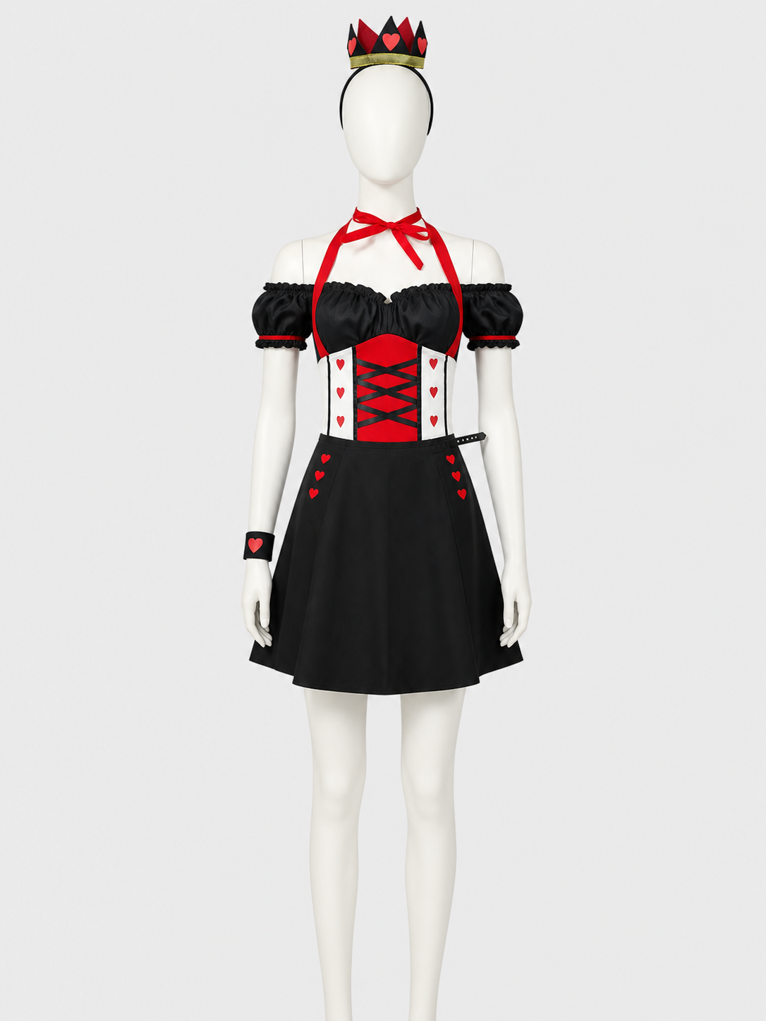 Queen of Hearts Carnival Jumpsuit Costume with Crown and Hearts
