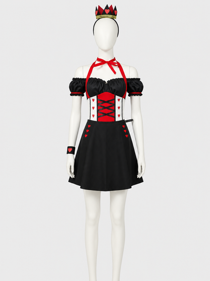 Queen of Hearts Carnival Jumpsuit Costume with Crown and Hearts