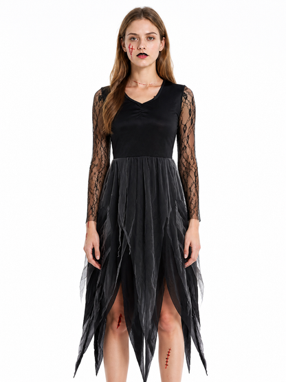 Long Black Gothic Dress with Ripped Hem Costume Dresses detail 3