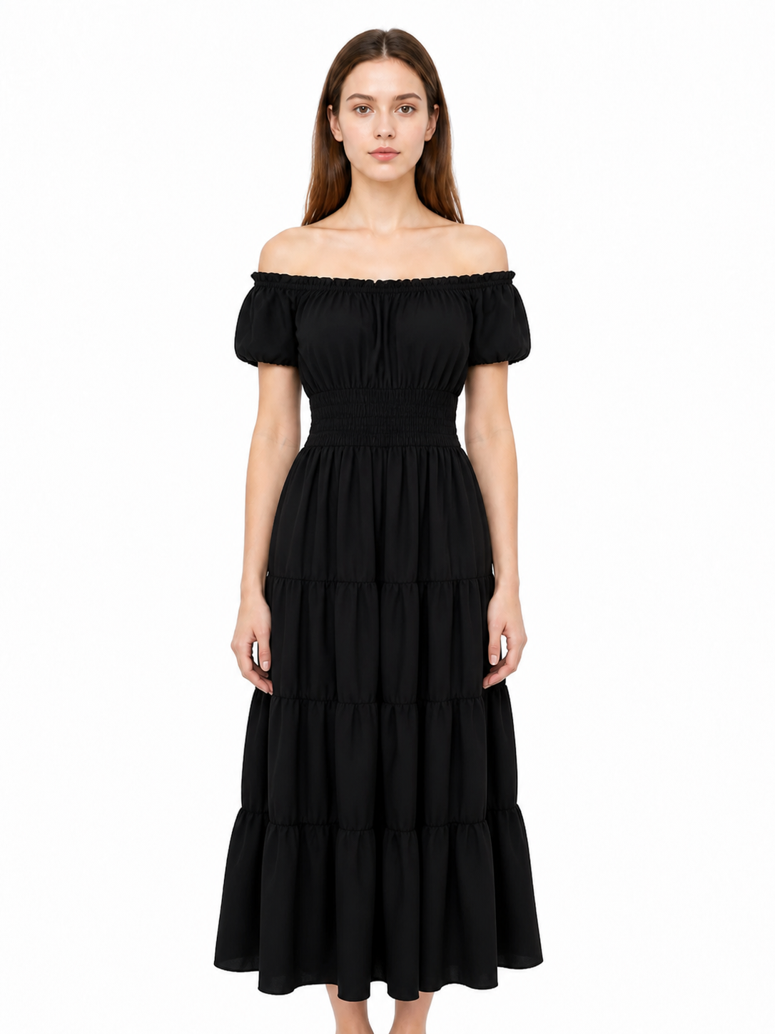 Black Off-the-Shoulder Dress with Tiered Skirt Costume Dresses detail 3