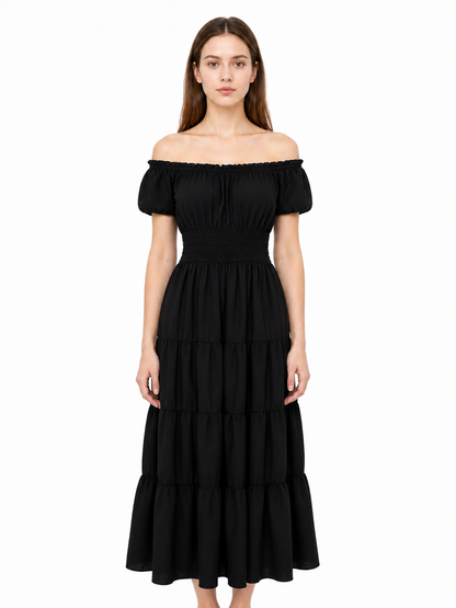 Black Off-the-Shoulder Dress with Tiered Skirt Costume Dresses detail 3