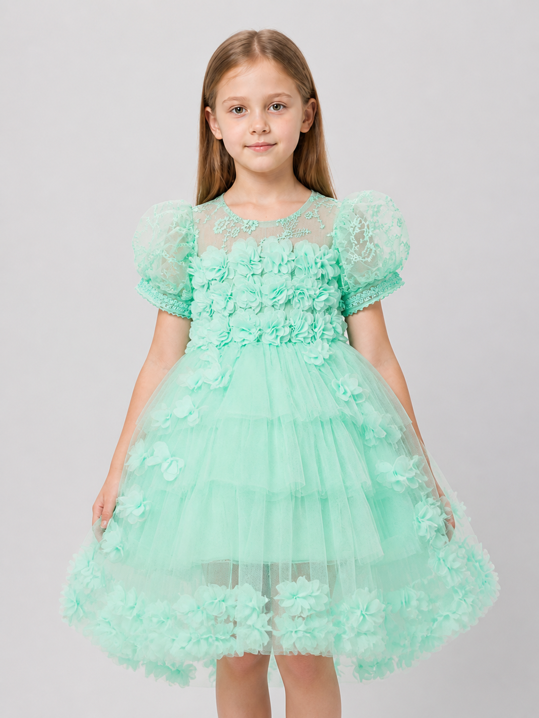 Dressy Children's Tulle Dress with Flowers and Full Skirt Costume Dresses detail 3
