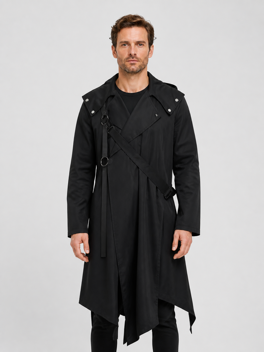 Black Long Cloak with an Asymmetrical Hem and Rivets Costume Capes detail 3