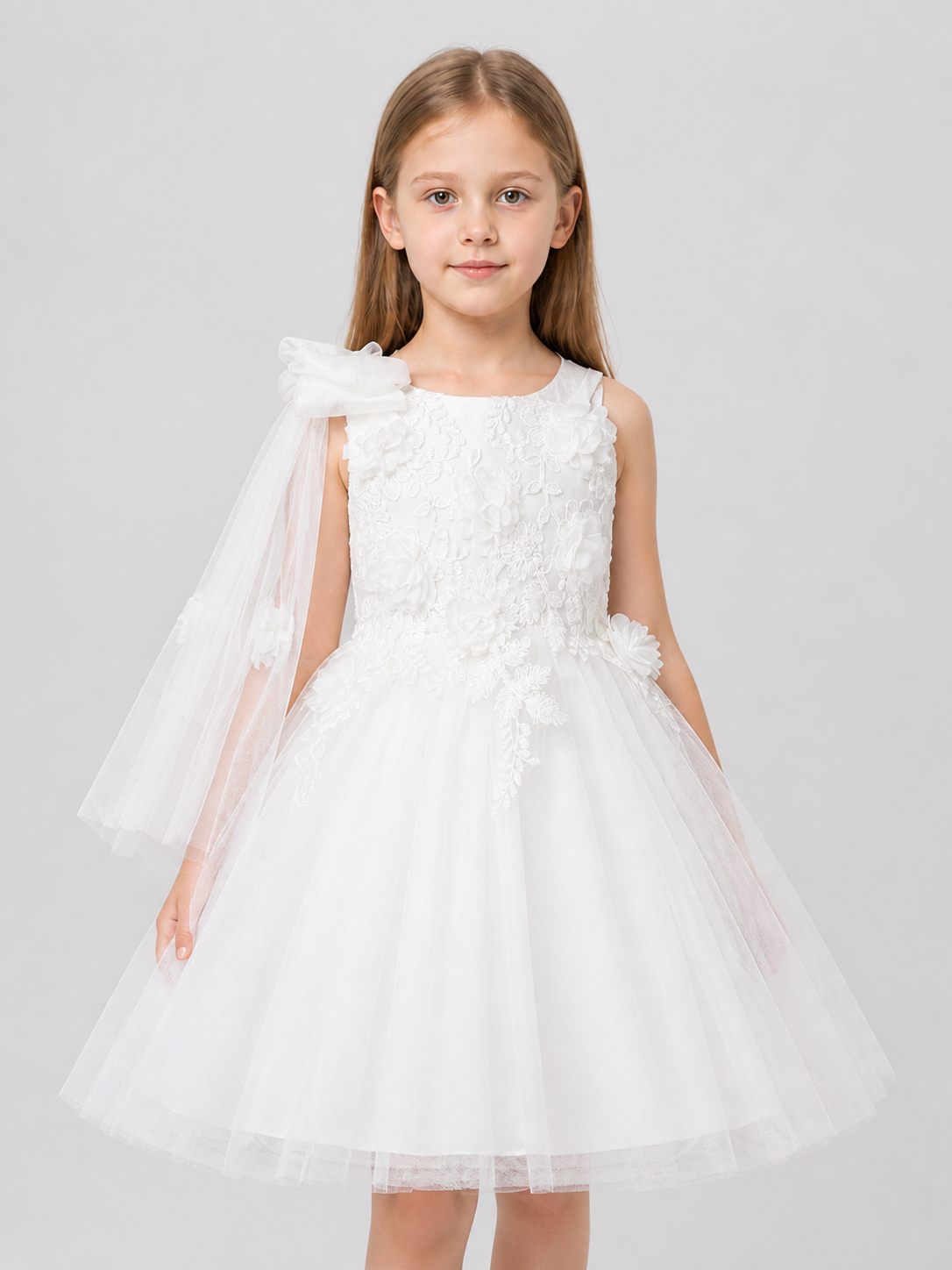 White Full Dress with Lace Embroidery and Flowers Costume Dresses detail 3