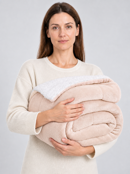 Two-Layer Reversible Flannel and Sherpa Blanket, Beige
