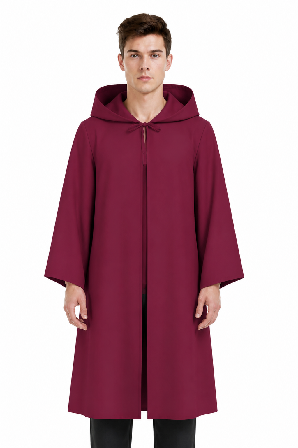 Long Burgundy Hooded Cloak with Flared Sleeves Costume Capes detail 3