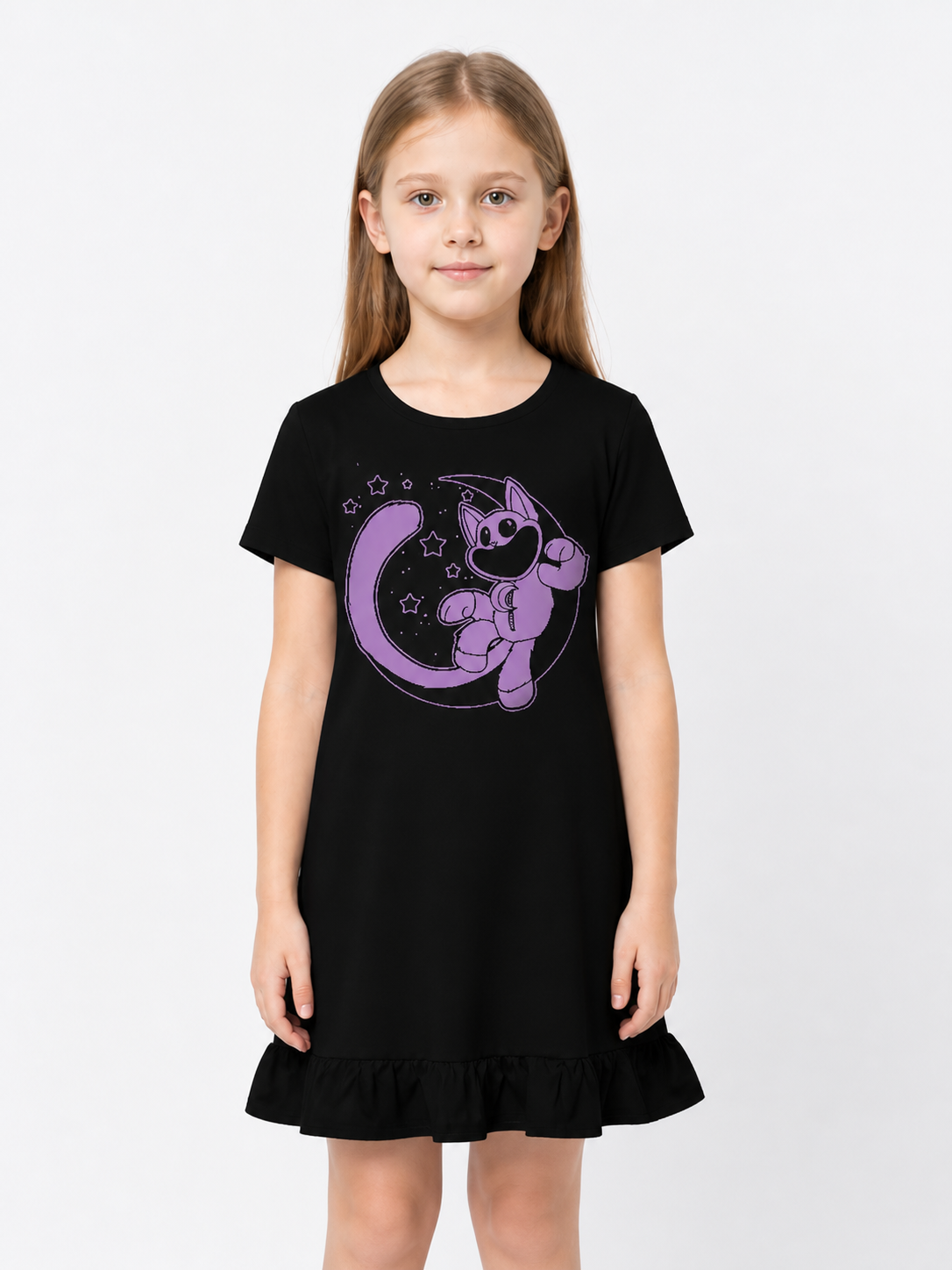Black Dress with Purple Character Print and Ruffles Costume Dresses detail 3