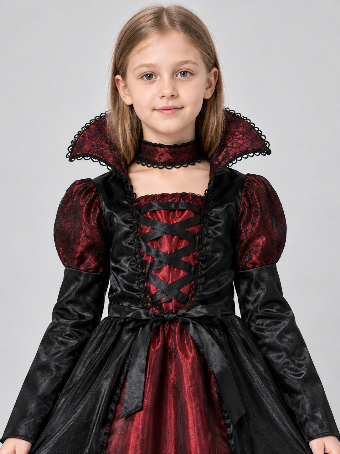 Kids' carnival costume with a puffy skirt, black and burgundy