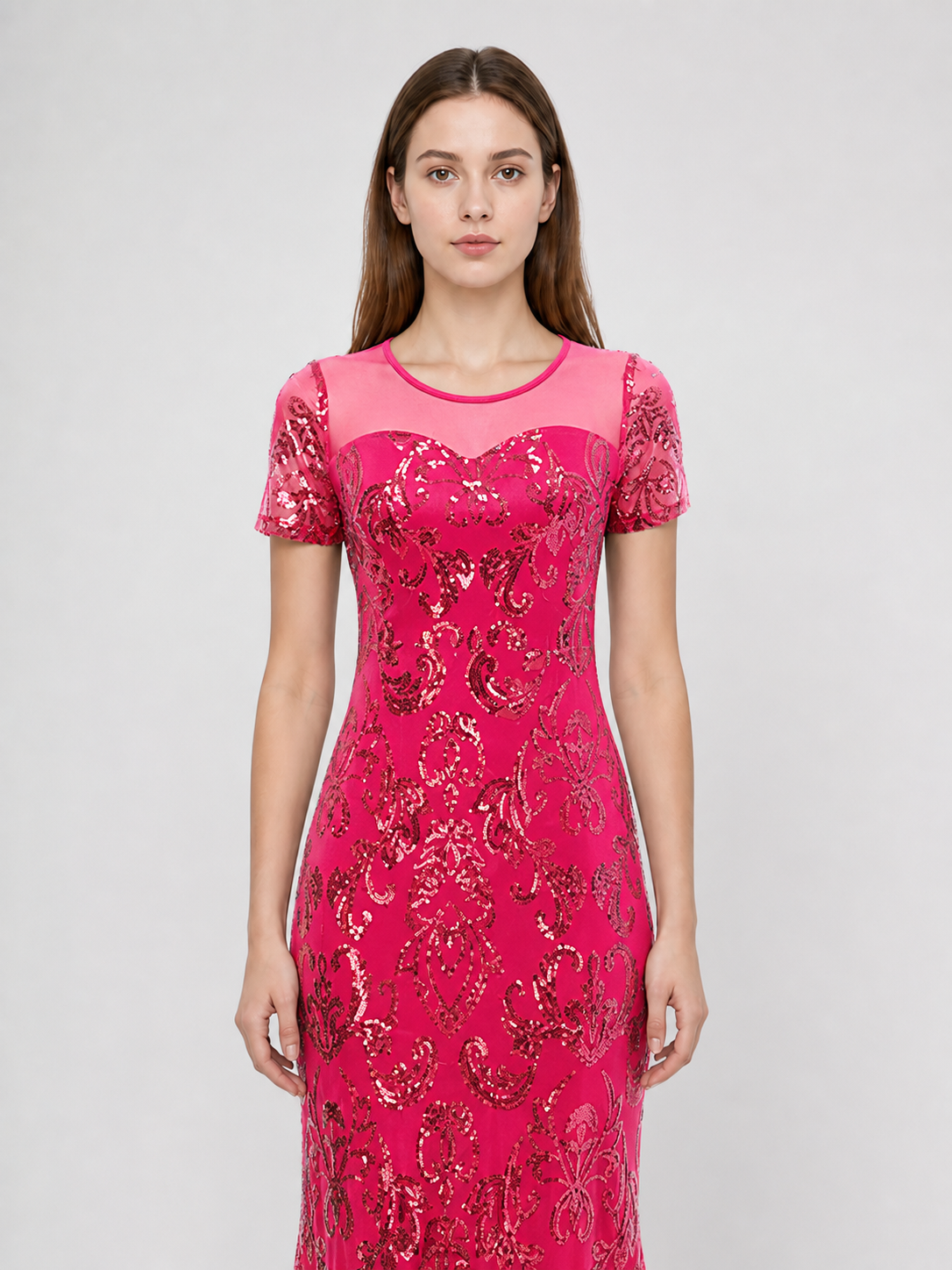 Long Sequin Evening Dress with Paisley Pattern