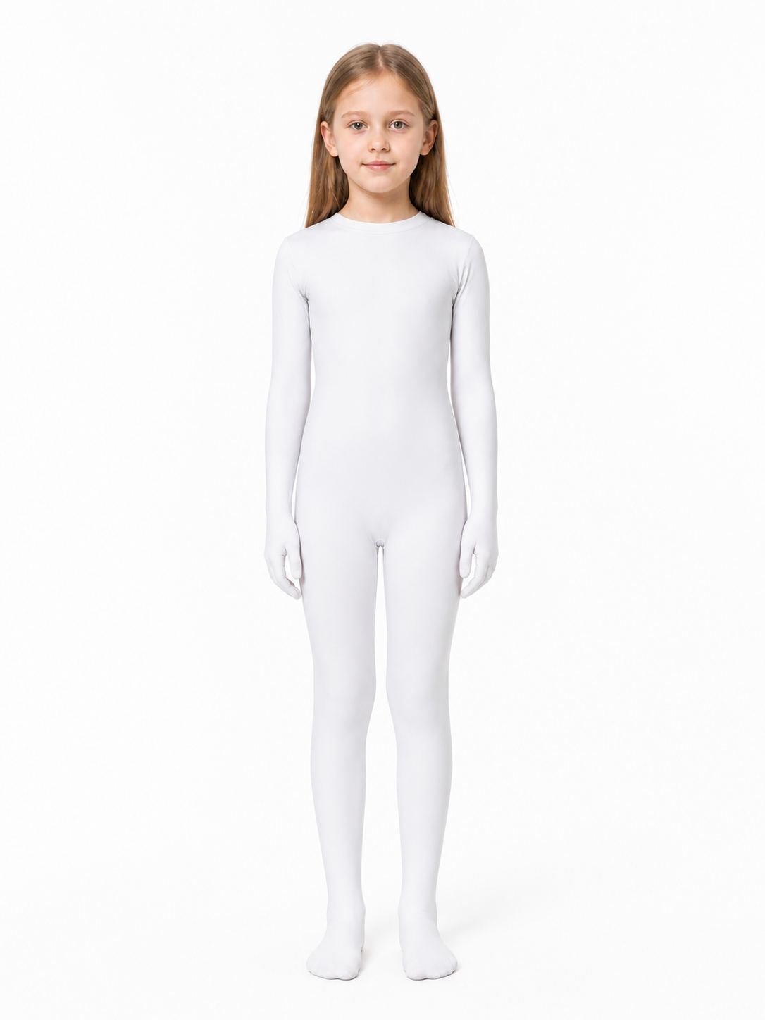 White form-fitting bodysuit with a hood and open face upper body view