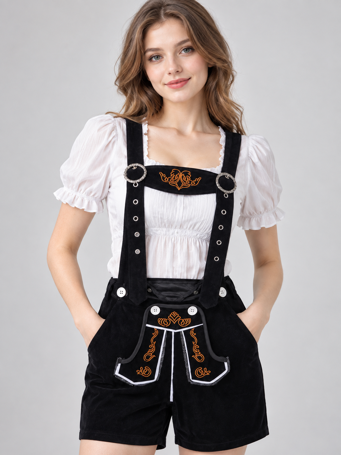 Bavarian shorts with suspenders, black with embroidery and trim