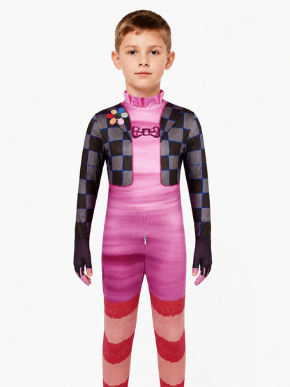 Close-up of the jumpsuit top: printed dark checked cropped jacket, pink bow tie and multicolored chest flower