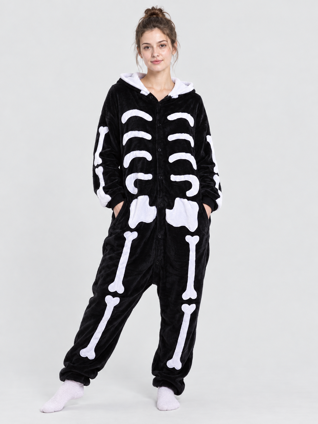 Black Hooded Pajama Jumpsuit with Bone Print