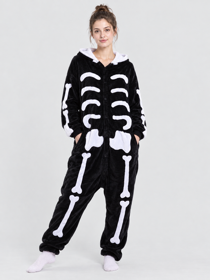 Black Hooded Pajama Jumpsuit with Bone Print