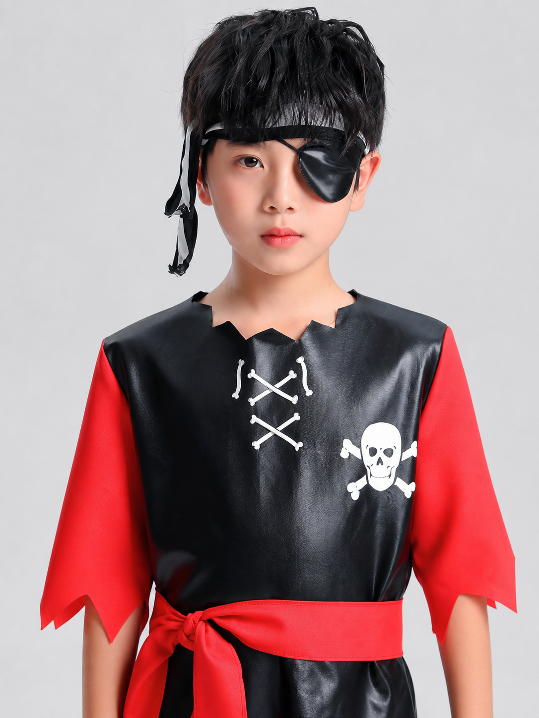 Pirate Costume with Striped Shirt, Eye Patch, and Wig