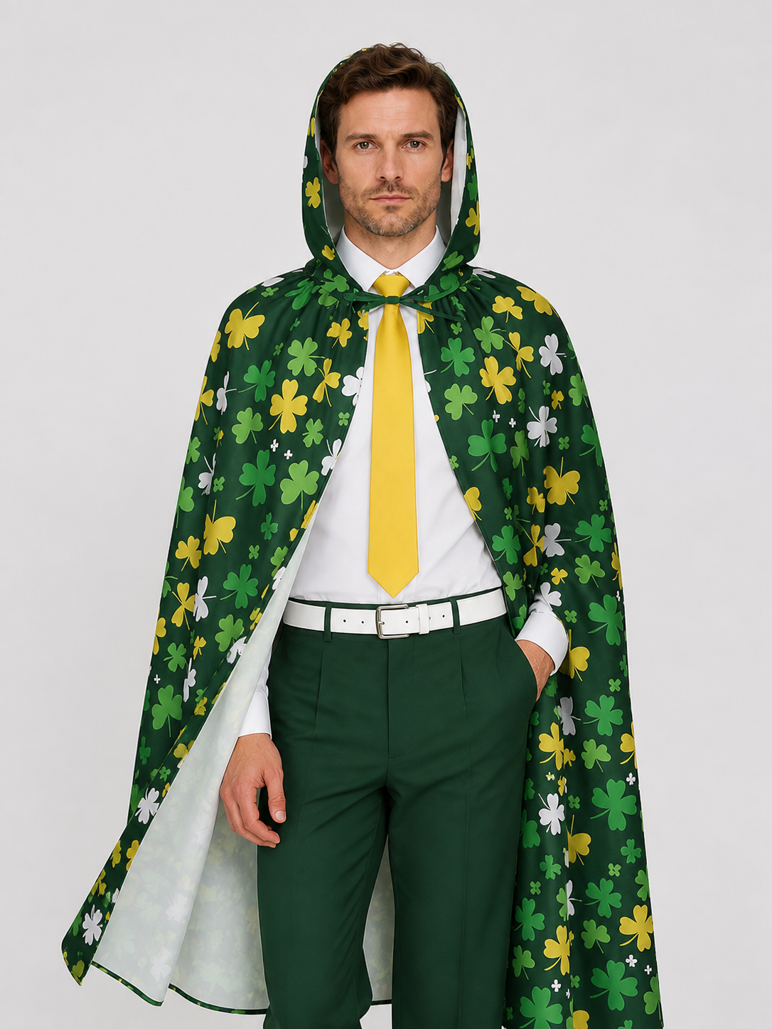 Festive Hooded Cape Cloak with Clover Print Costume Capes detail 3