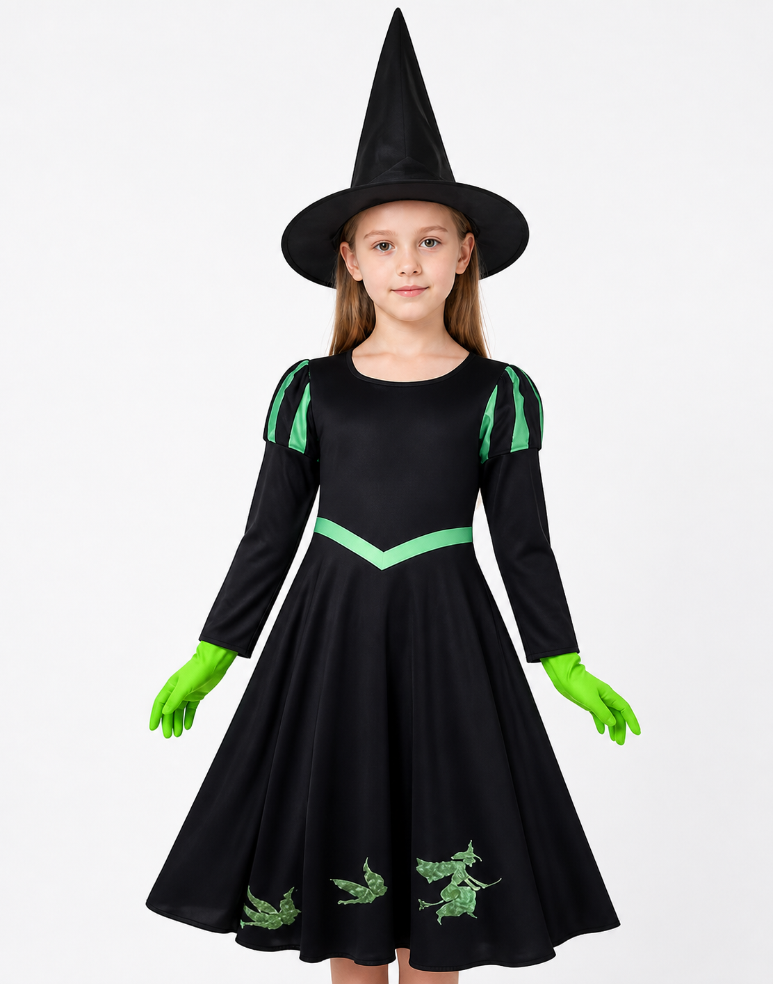 Unisex Witch Costume Set, Black Long Sleeve A-Line Dress with Green V Trim, Hat upper body view