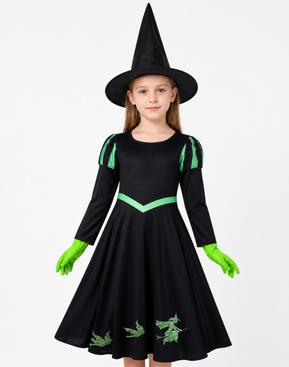 Unisex Witch Costume Set, Black Long Sleeve A-Line Dress with Green V Trim, Hat upper body view