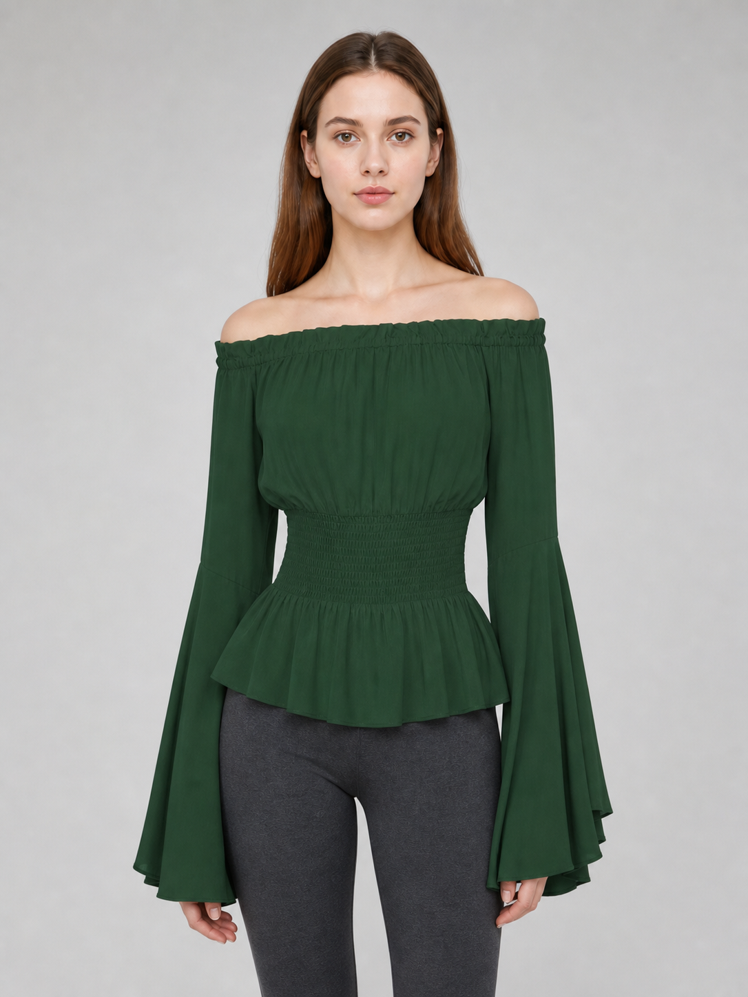 Dark Green Off-Shoulder Peplum Blouse