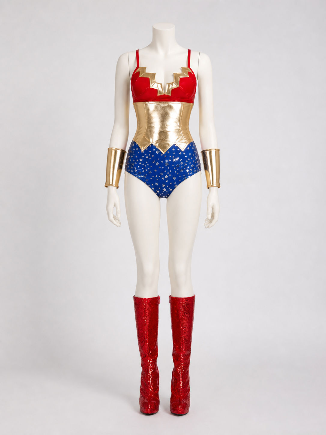 Blue, Red, and Gold Superhero Costume for Cosplay