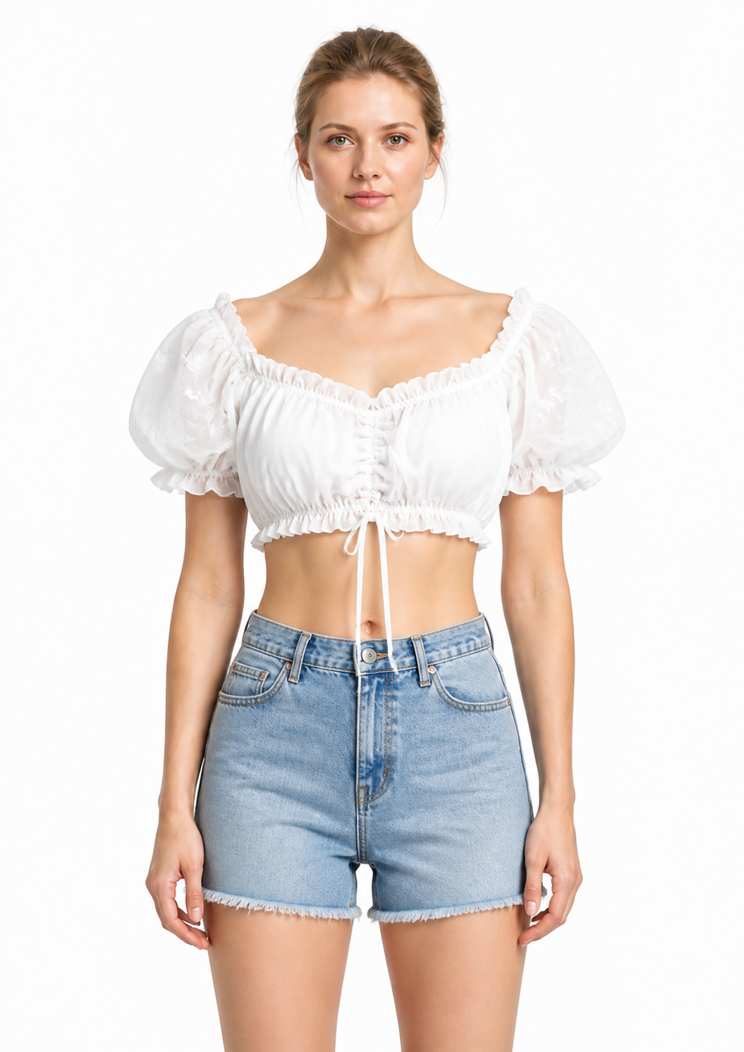 White Top with Puff Sleeves and Drawstring product detail 3