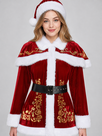 The costume is designed as Santa Claus and includes a top, pants, headwear, a wig with a curly white beard, a belt, gloves, and black boot-shaped shoe covers. It includes a red long-sleeve shirt and straight-leg red pants. White trim along 
