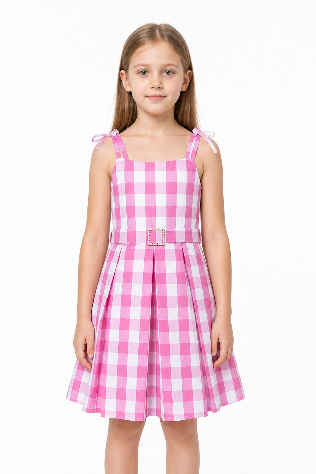 Barbie Pink and White Plaid High-Waisted Dress Costume Dresses detail 2