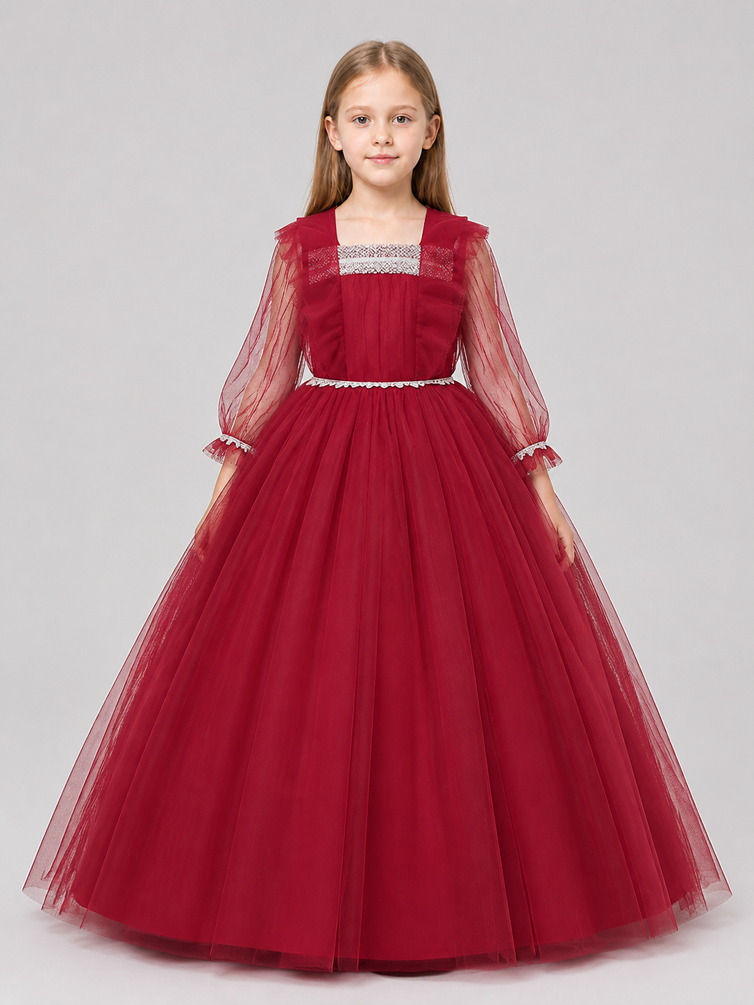 Burgundy Dress with a Full Skirt and Mesh Sleeves Costume Dresses detail 3