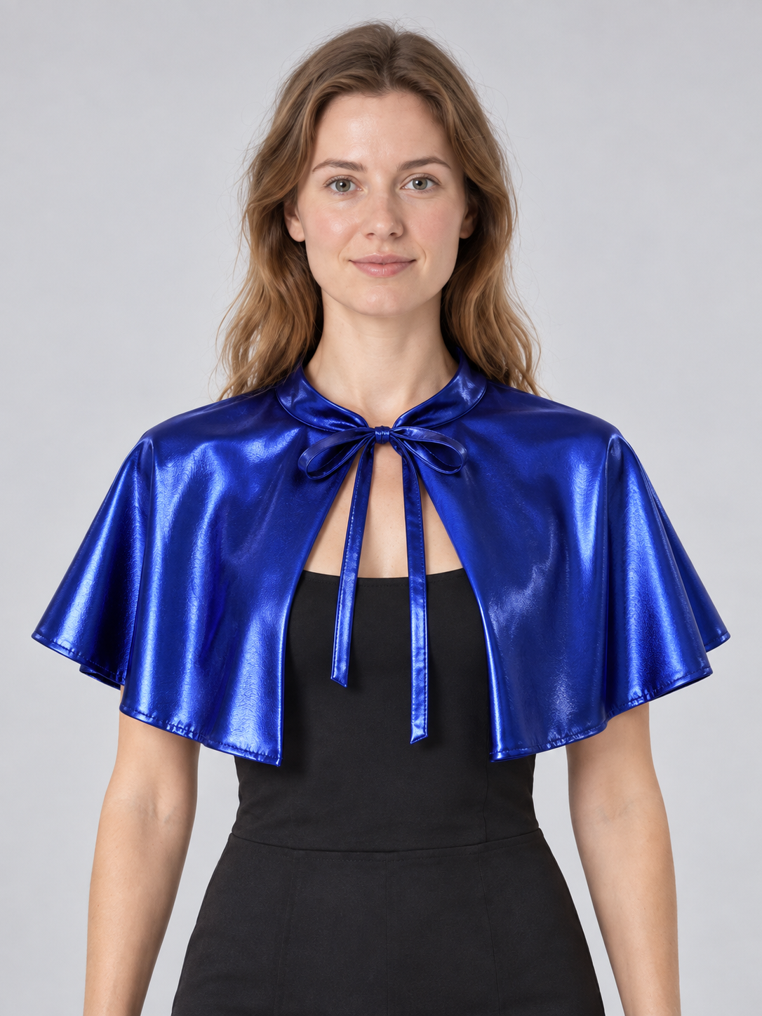 Short Blue Faux Leather Cape with Ties