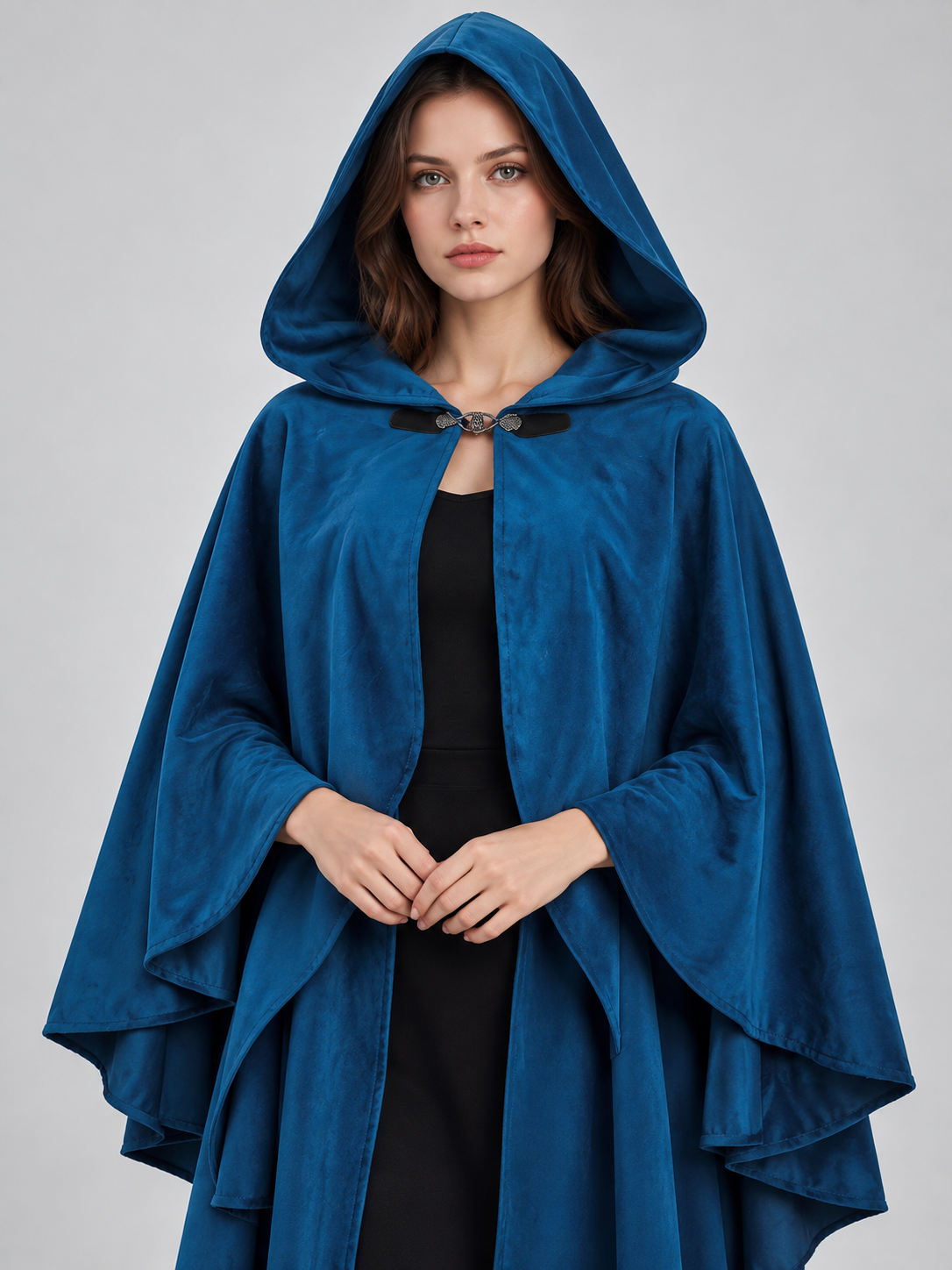 Hooded Cloak Cape, Dark Blue, Velour Suede