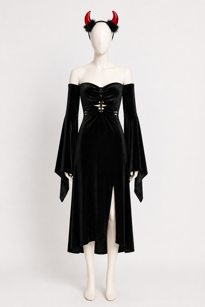 Black Gothic Long Dress with Red Horns Costume Dresses detail 3