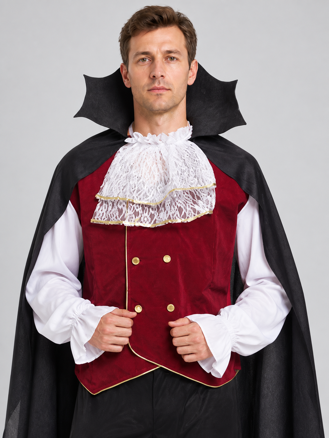 Costume with Burgundy Vest, Pants, and Cape Costume Capes detail 2