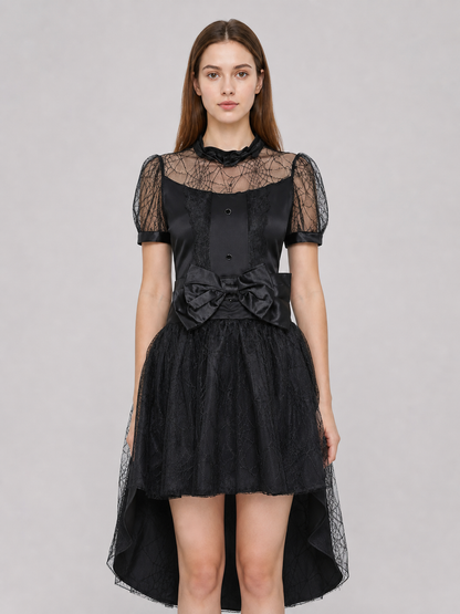 Black Witch Dress with Bow and Lace Insert