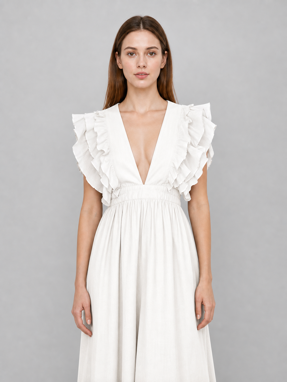 White Floor-Length Dress with a V-Neckline and Ruffled Sleeves