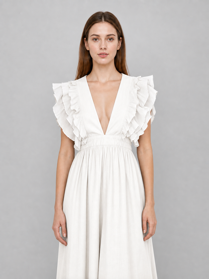White Floor-Length Dress with a V-Neckline and Ruffled Sleeves