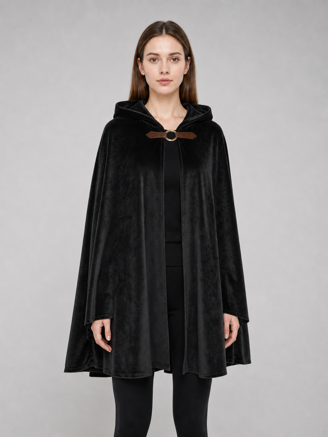 Medieval Warrior Halloween Hooded Cape Costume, 1-Piece Long Black Cloak With Brown Neck Buckle For Cosplay Performance