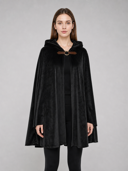 Medieval Warrior Halloween Hooded Cape Costume, 1-Piece Long Black Cloak With Brown Neck Buckle For Cosplay Performance