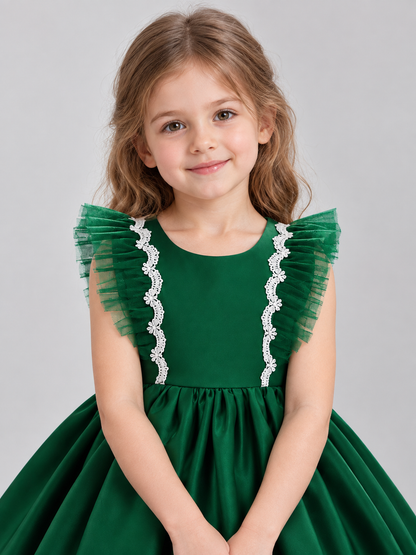 Dark Green Children's Holiday Dress with Lace and Bow