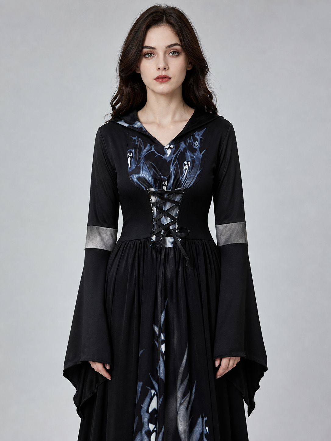 Gothic cosplay dress with hood and skulls