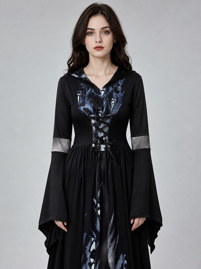 Gothic cosplay dress with hood and skulls