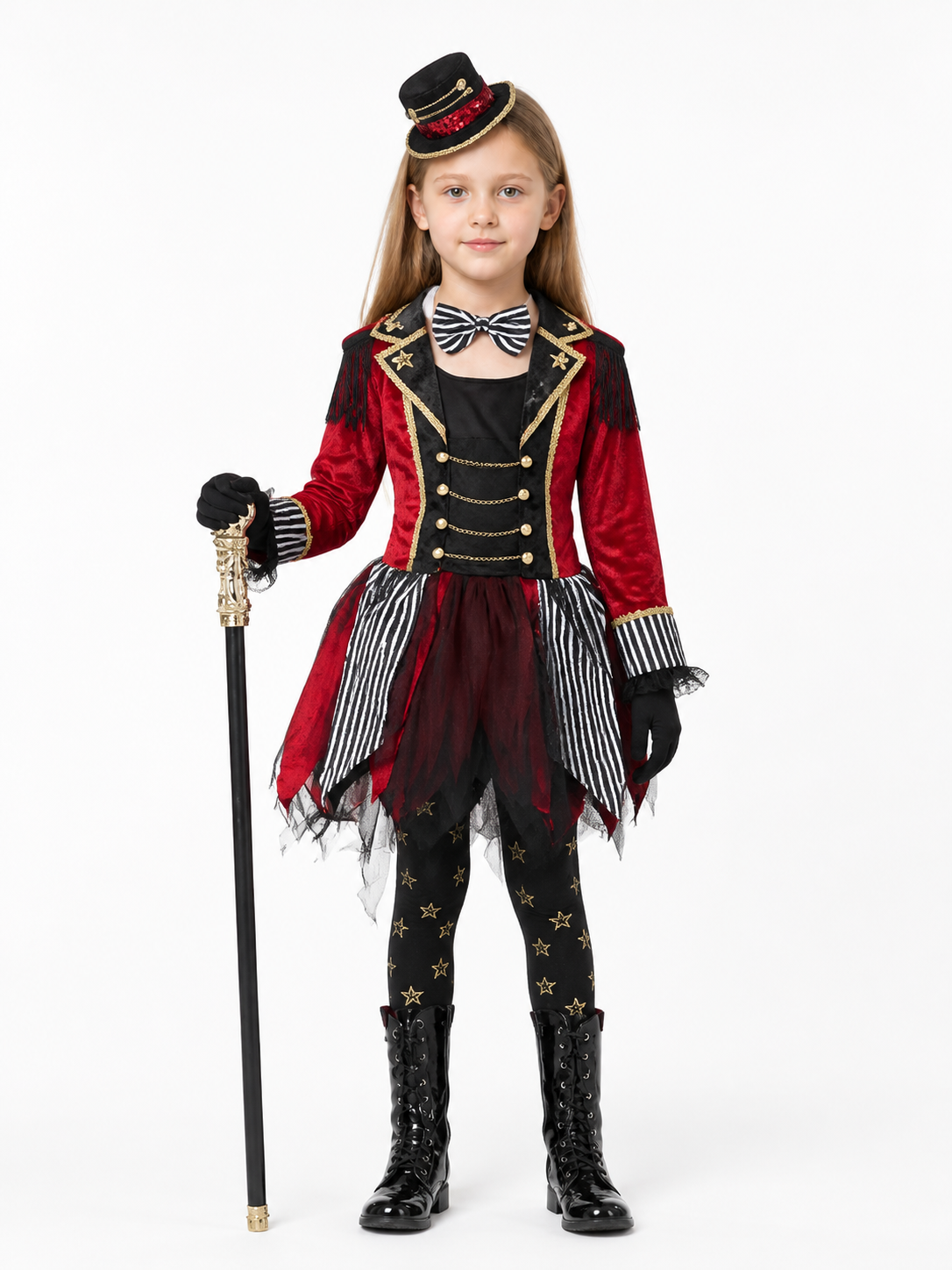 Clown Costume with an Asymmetrical Skirt, Red and Black upper body view