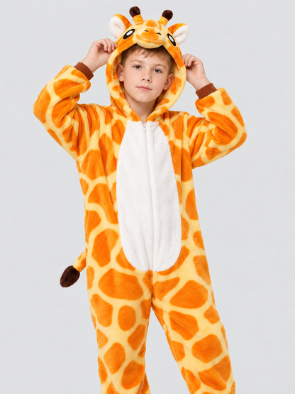 Orange Hooded Pajama Jumpsuit with Giraffe Face