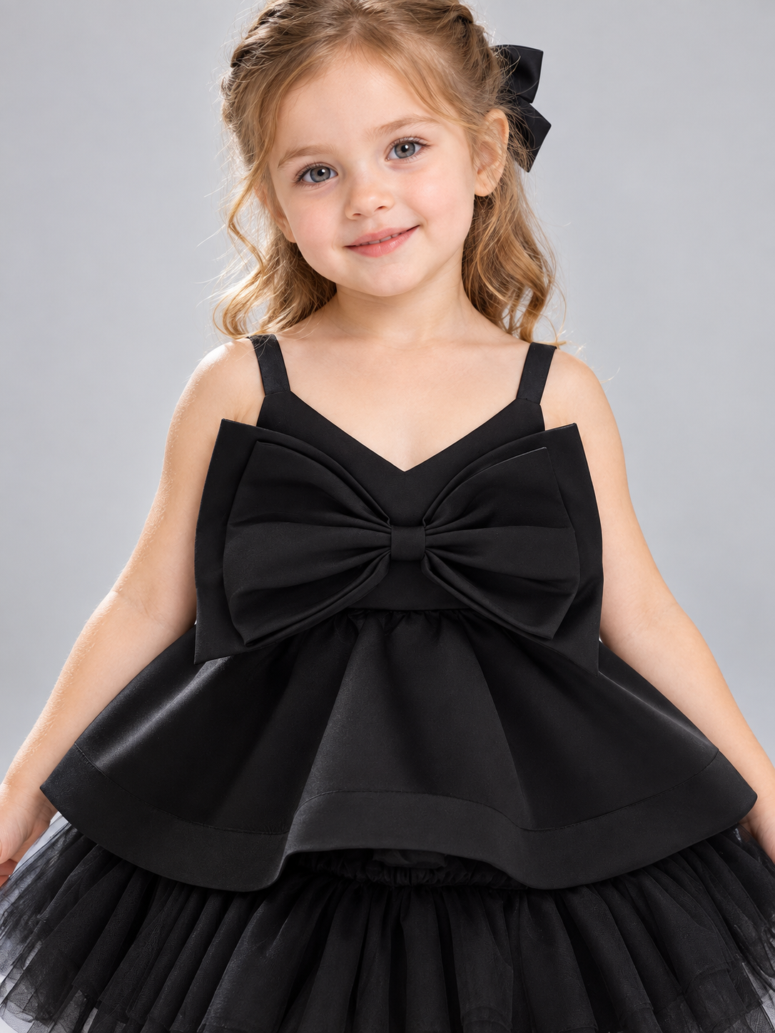 Black dress with bow and layered tulle skirt
