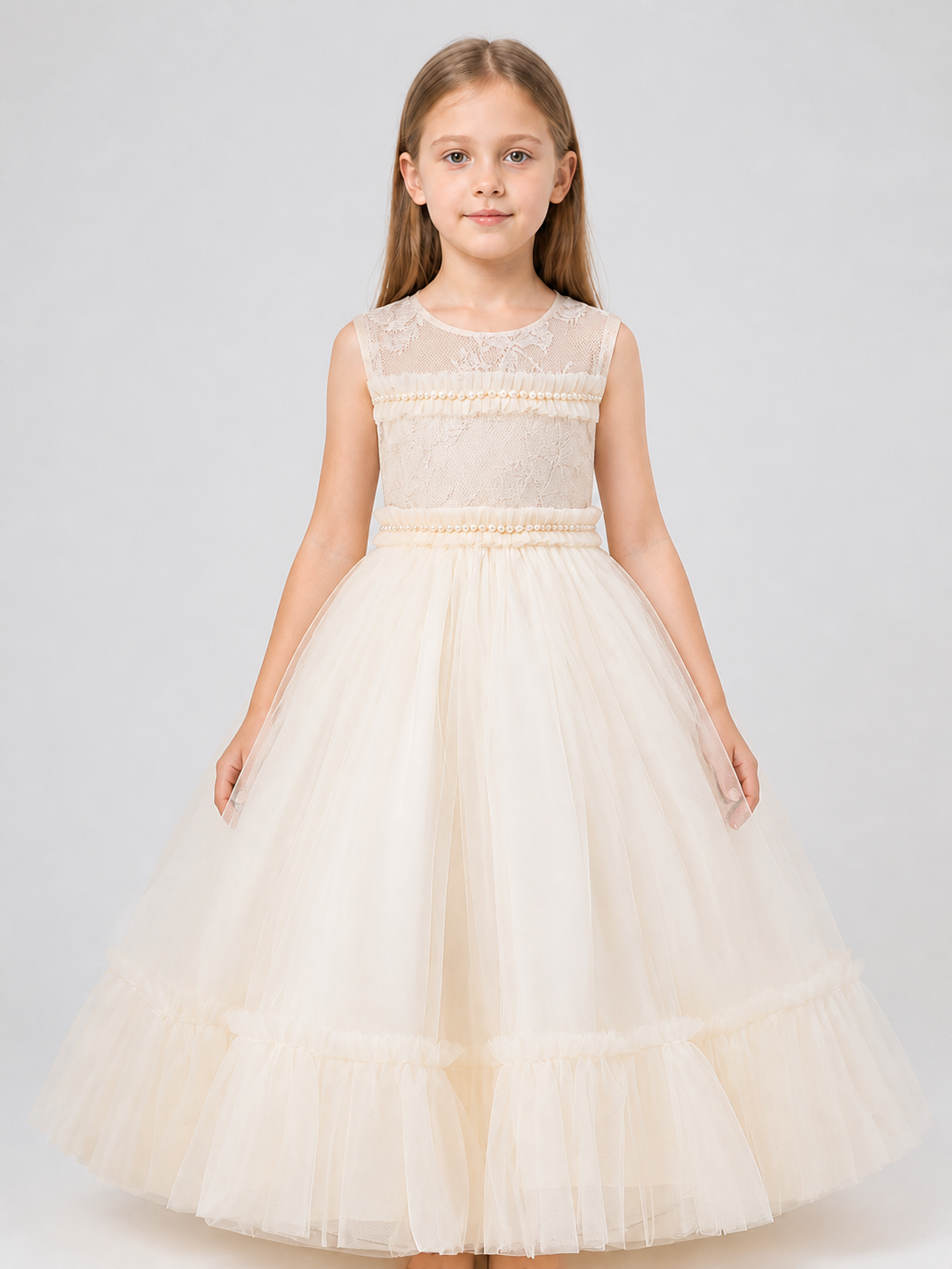 Long, Full Princess Dress with Lace for Flower Girls