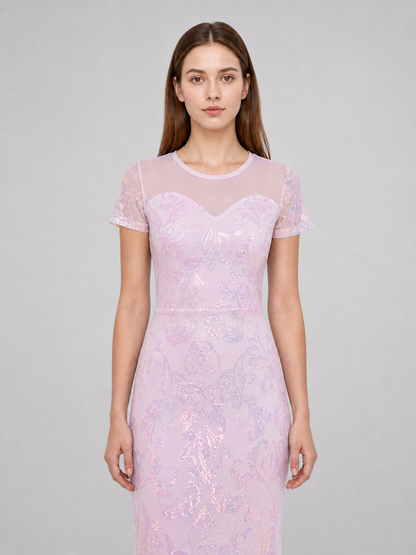 Floor-Length Evening Dress with Sequined Floral Pattern