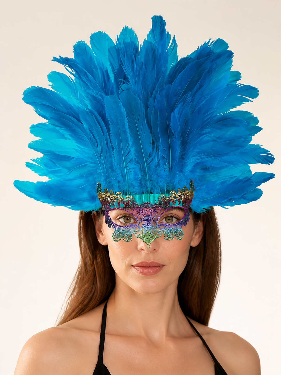Carnival Feather Headpiece with Blue Feathers and Eye Mask Costume Masks detail 2