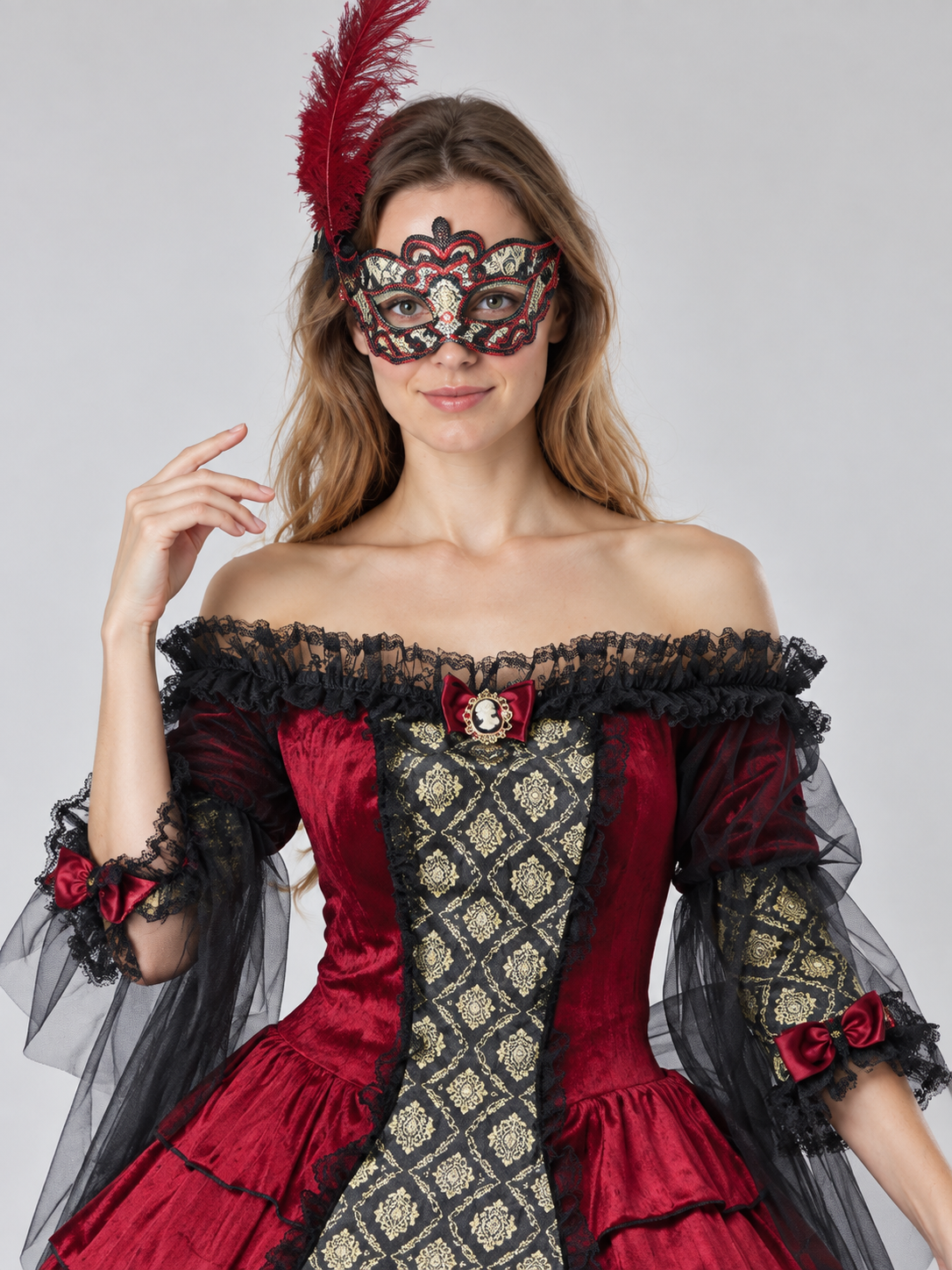 Carnival Costume with Feather Mask and Red Bows