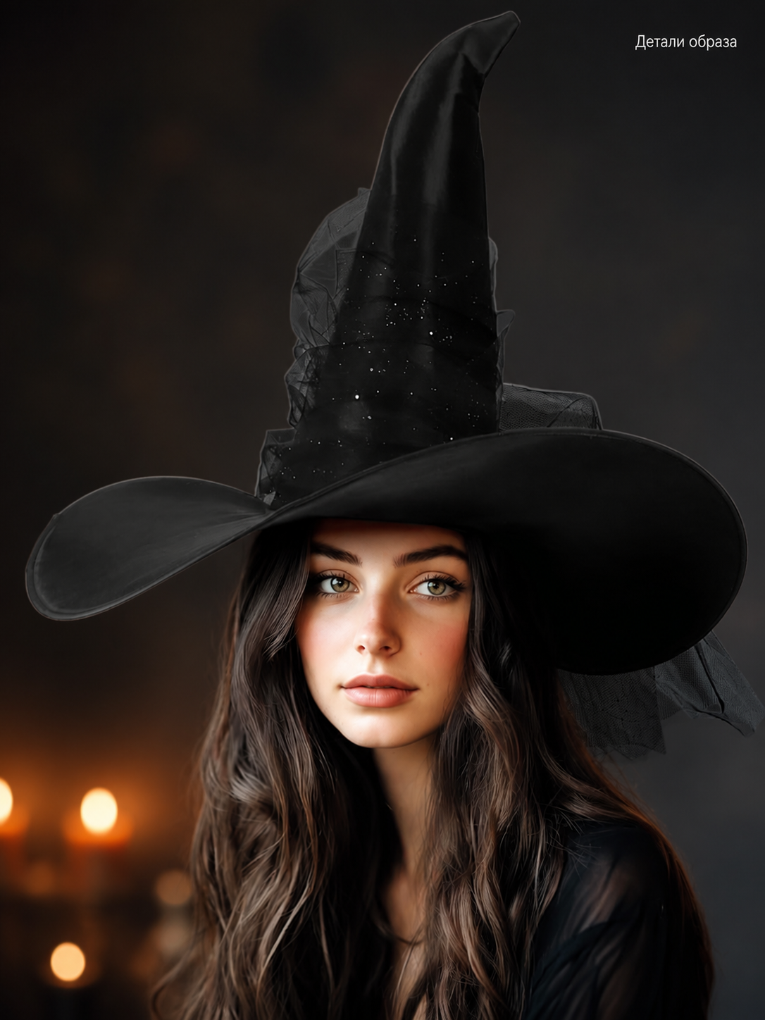 1pc Black Halloween Witch Hat Wide Brim Tall Pointed Wizard Cap with Mesh front view
